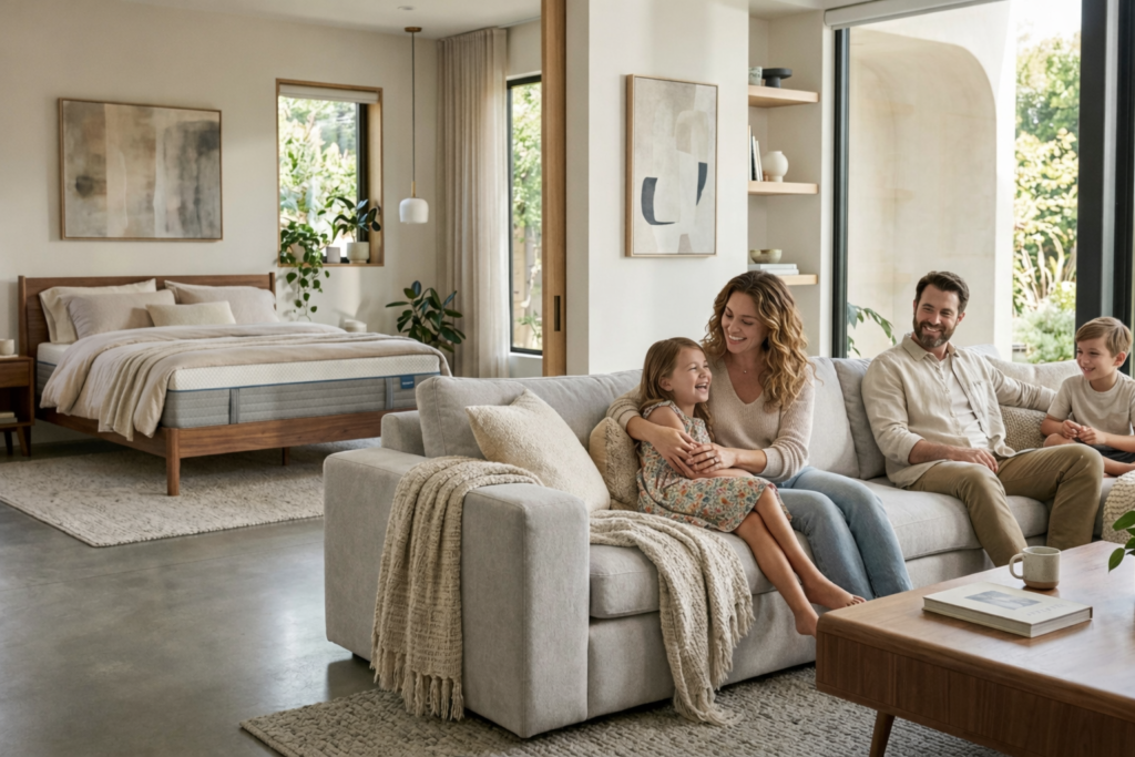 A modern family enjoying a bedroom with one of the best total comfort mattresses behind on the bed